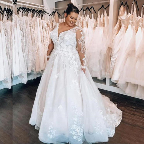 Bmbridal Long Sleeves Plus Size Wedding Dress With Lace Appliques