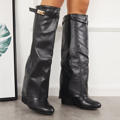 Women Pointed Toe Fold Over Wedge Heel Knee High Boots