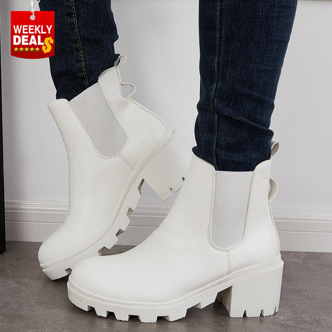 Faux Leather Chelsea Chunky Heel Ankle Boots Lug Sole Booties