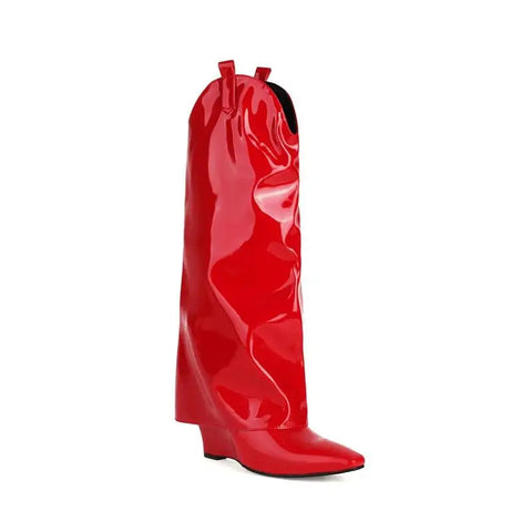 - Lackleder Weiße Kniehohe Stiefel Damen Keilabsatz Slip On Schwarz Rot Lange Stiefel Hosen Design Hosen Schuhe Große Größe 45