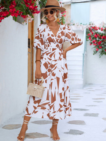 Bedrucktes Kleid mit Überwurf und Ballonärmeln