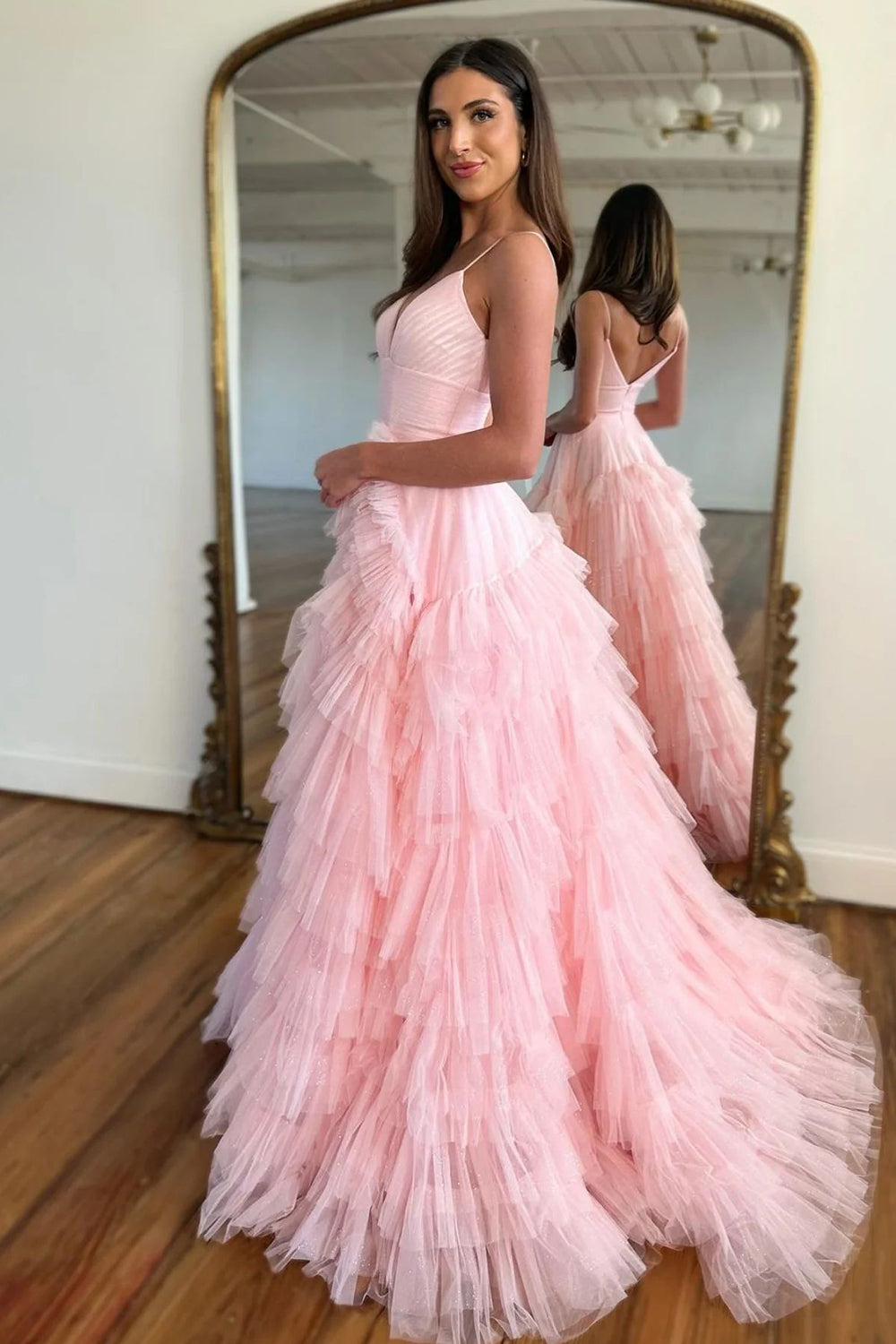 A Line Spaghetti Straps Pink Long Prom Dress with Ruffles