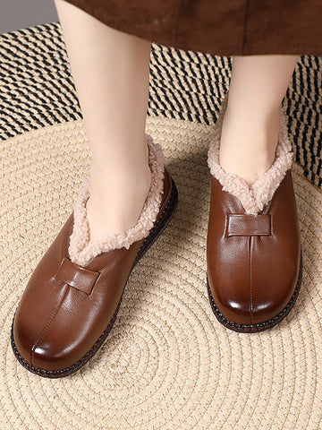 Women Winter Vintage Fleeced Leather Flat Shoes