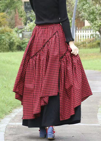 Beautiful Green Asymmetrical Plaid Patchwork Tie Waist Long Skirts Fall