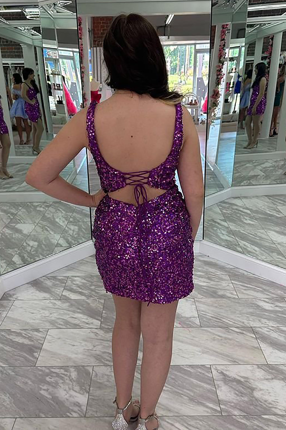 Glitter Sheath Square Neck Purple Sequins Short Homecoming Dress with Tassel
