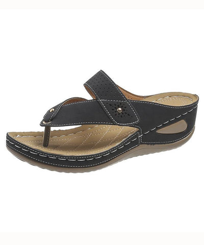 0508Unique Black Plus Size Splicing Wedge Thong Sandals Faux Leather