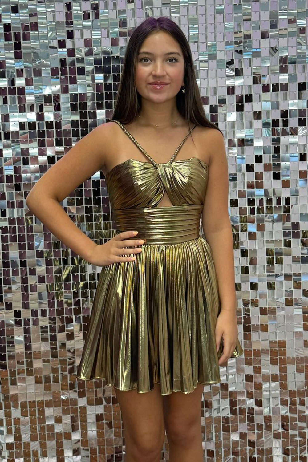 Metallic Golden Spaghetti Straps Pleated A-Line Short Homecoming Dress