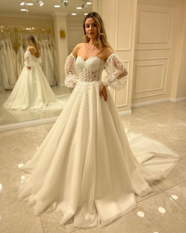 Sweetheart Lace Wedding Dress Detachable Sleeves