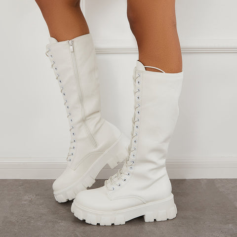 Lace Up Platform Heel Knee High Boots Lug Sole Combat Boots