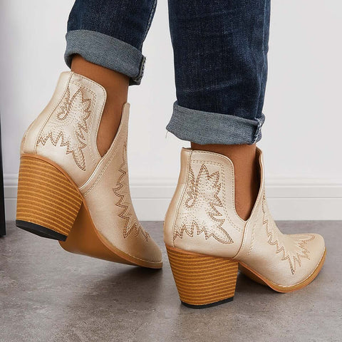 Western Ankle Cowgirl Boots Slip on Cutout Chunky Heel Booties