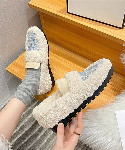 Neu Weiß Faux Pelz Warme Spleißen Flache Schuhe
