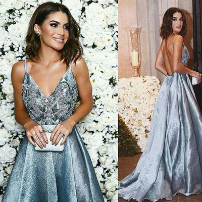 Open Back A-line V neck Long Prom Dress, Evening Dresses