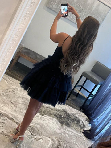 A-Line Deep V Neck Tiered Short Homecoming Dress