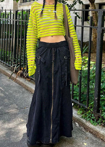 Style Black Zip Up Pockets Patchwork Denim Skirt Fall