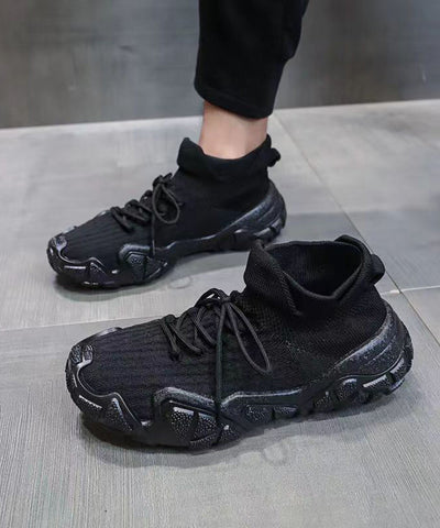 Lässige, vielseitige schwarze flache Plateauschuhe mit Schnürung