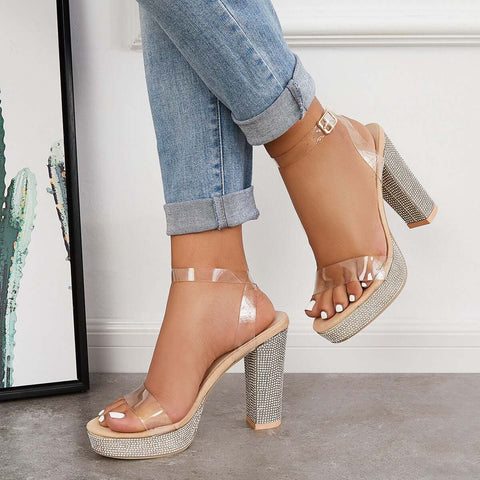 Rhinestone Chunky Block High Heels Ankle Strap Sandals