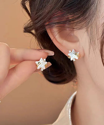 Stylish White Copper Alloy Zircon Star Pearl Stud Earrings