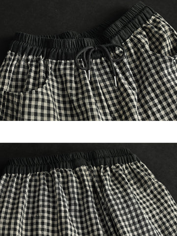 Women Summer Vintage Plaid Pocket Spliced Linen Harem Pants