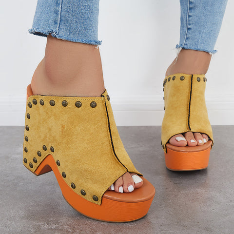 Retro Chunky Platform Heel Mules Slip on Sandals
