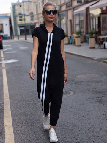Fashion Stripes Zipper Hooded Jumpsuits