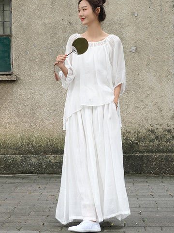 Women  Summer Casual Solid Pleat Drawstring Loose Shirt+Skirt