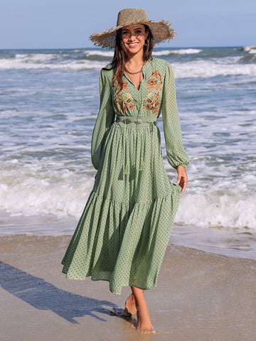 Langärmliges Midikleid mit Stickerei und Polka Dots zum Binden am Hals