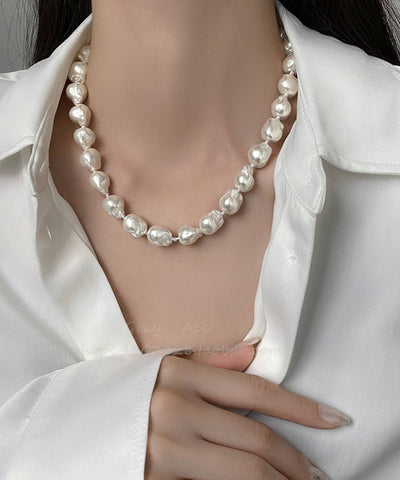 Elegant White Alloy Asymmetrical Pearl Gratuated Bead Necklace