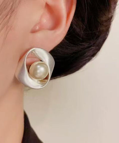 Stylish Silk Copper Overgild Pearl Stud Earrings