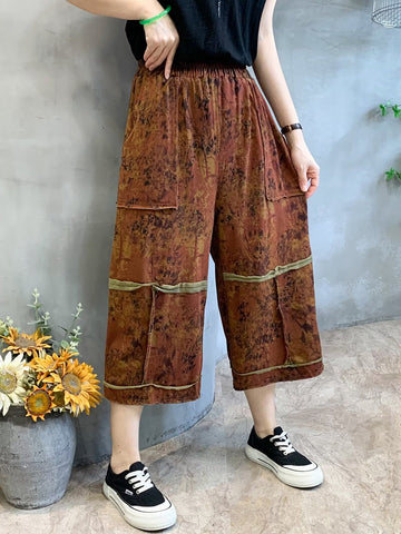 Women Summer Retro Flower Print Spliced Pocket Loose Pants