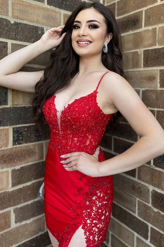 Sheath Spaghetti Straps Red Short Homecoming Dress with Appliques