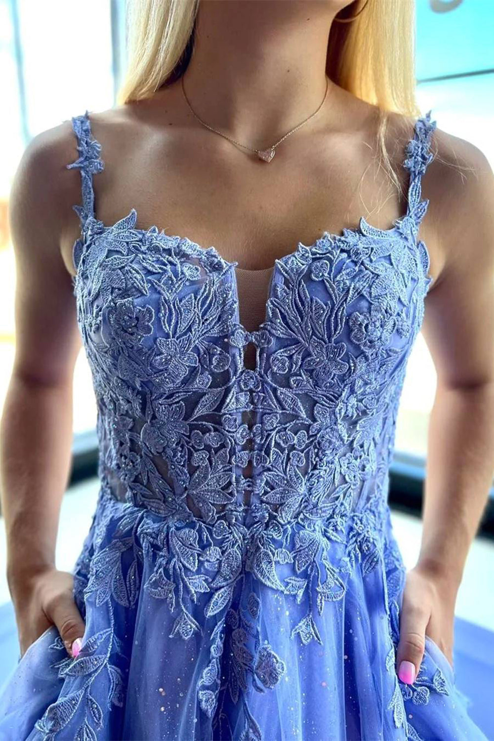 Beautiful A Line Spaghetti Straps Blue Long Prom Dress with Appliques