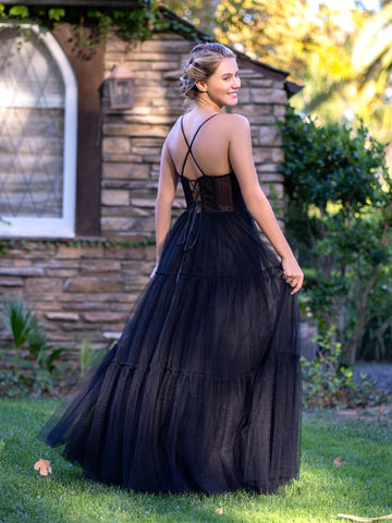 Tulle Spaghetti Straps Floor Length Prom Dress