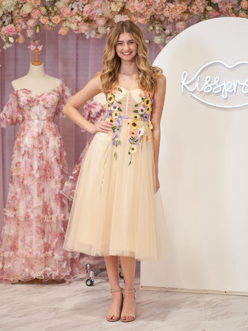 Flower Tulle Tea Length Prom Dresses