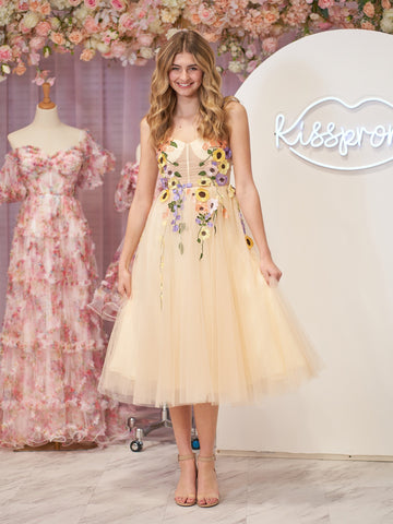 Flower Tulle Tea Length Prom Dresses