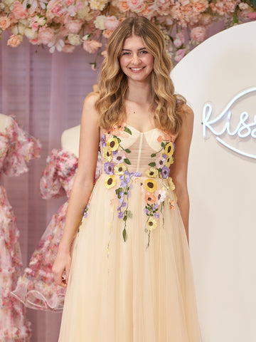 Flower Tulle Tea Length Prom Dresses
