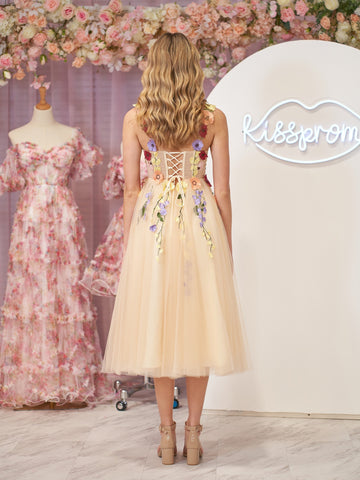 Flower Tulle Tea Length Prom Dresses