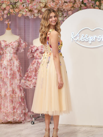 Flower Tulle Tea Length Prom Dresses