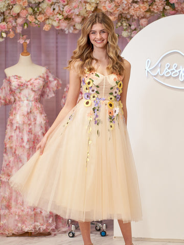 Flower Tulle Tea Length Prom Dresses