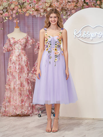 Flower Tulle Tea Length Prom Dresses