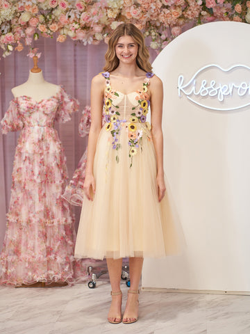 Flower Tulle Tea Length Prom Dresses