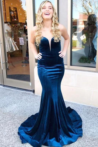 Fomral Winter Ocean Blue Sleeveless Mermaid Velvet Formal Dresses
