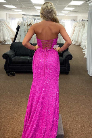 Mermaid Strapless Sequins Lace-Up Long Prom Dress with Slit