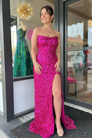 Strapless Sequins Long Prom Dress with Slit