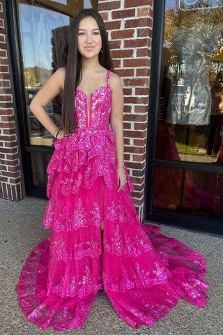 Straps Fuchsia Sequin Layered Formal Dress with Slit
