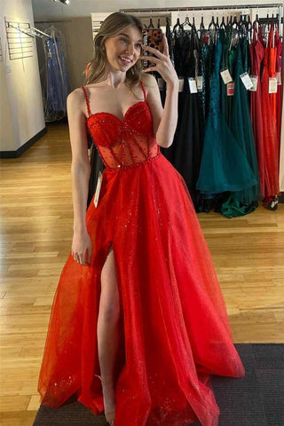 Glitter Straos Beaded A-Line Formal Dress with Slit