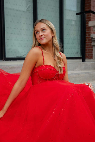Glitter Straos Beaded A-Line Formal Dress with Slit