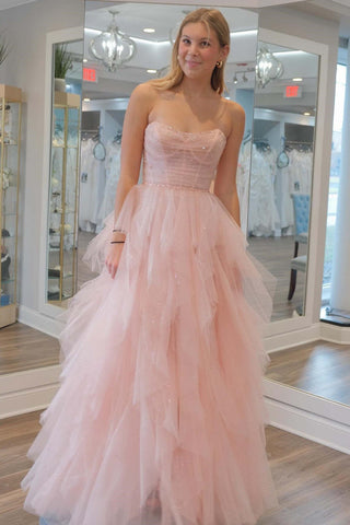 Strapless Light Pink Sequin Beaded Ruffle Tulle Prom Dress