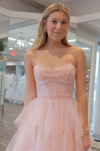 Strapless Light Pink Sequin Beaded Ruffle Tulle Prom Dress