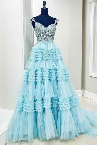 Tulle Off-the-Shoulder Ruffle Tiered Long Prom Dress