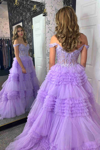 Tulle Off-the-Shoulder Ruffle Tiered Long Prom Dress